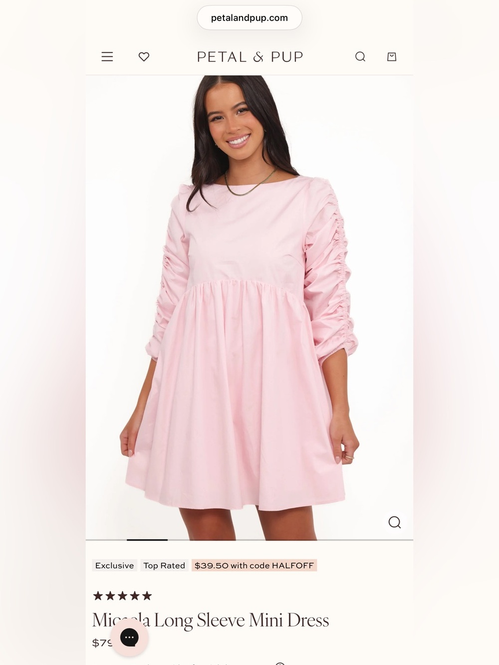 Petal & Pup Light Pink Ruched-Sleeve Mini Dress